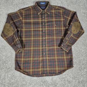 Pendleton Shirt Mens Large Red Yellow Trail Wool Elbow Patches Plaid Flannel